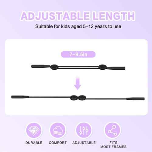 Kids Glasses Strap, No Tail Eyeglasses Strap For Kids 3Pcs, Age 3-12 Baby Sunglasses Straps for Girls, Boys, Toddler, Adjustable Eyewear Retainer for Sports (Black, Red, Purple, 9.5in)