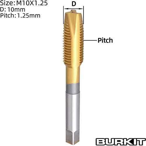 Burkit M10 X 1.25 Spiral Point Tap, HSS Titanium coating Spiral Point Plug Threading Tap M10 x 1.25