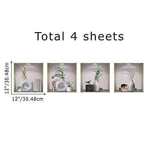 IARTTOP 3D Vase Art Magic Wall Decal, Elegant White Vases Wall Sticker, Vintage Green Plants Decals for Dining Room Bedroom, Creative DIY Botanical Living Room Wall Art Mural, Set of 4 (12¡±x12¡±)