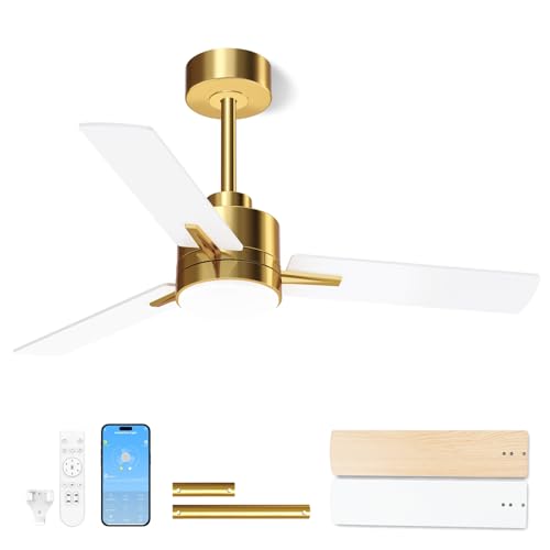 LANMEL 42 Inch Gold & White Metal Ceiling Fan with Lights & Remote Control - Downrod Included