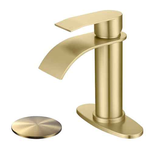 Brushed Gold Waterfall Bathroom Faucet Single Hole, Gold Bathroom Faucet for Sink 1 Hole with 6 in Deck Plate and Pop Up Drain and Supply Hose, Modern Bathroom Sink Faucet