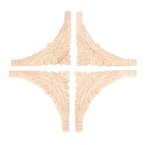 MUXSAM Flower Wood Carved Onlay Appliques Corner Decals, 4-Pack Unpainted Wooden Carvings Decorative Decals for Wall Fireplace Dresser Cupboard Wardrobe Closet Vent Hood Cover(10x10cm/3.94"x3.94")