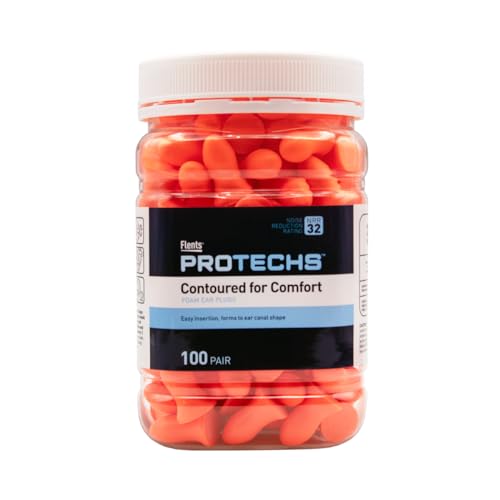 Flents Protechs Foam Ear Plugs, Contoured for Comfort, Ideal for Work with Loud Noise, Heavy Machinery, Construction, Studying & Traveling, NRR 32, Orange, Easy to Use, Made in The USA, 100 Pair