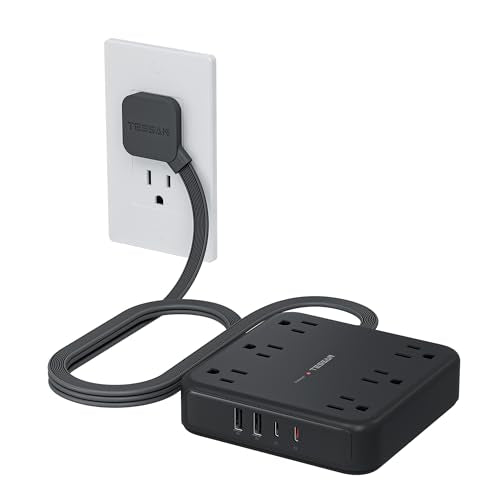 TESSAN 5ft Flat Plug Power Strip Surge Protector with USB-C & USB-A Outlets, Black