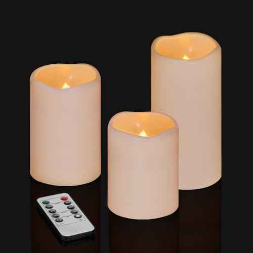 Flameless Candles 4" 5" 6" Set of 3 Ivory Outdoor Indoor Pillars 3" Diameter Battery Operated Flickering Candles Include 10-Key Remote Timer Function 400+ Hours Requires 2 AA Batteries