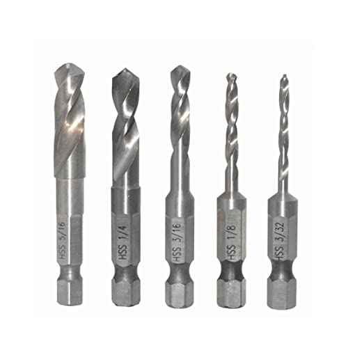 5PCS Stubby Drill Bit Set Short Drill Bits HSS 4241 Steel 1/4" Quick Change Hex Shank 3/32, 1/8, 3/16, 1/4, 5/16 Inch for Woodworking