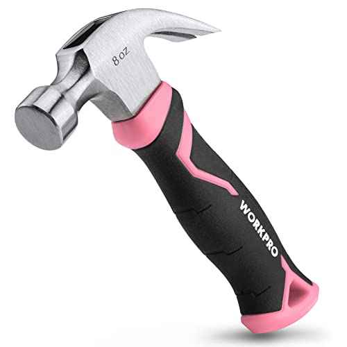 WORKPRO 8 oz Claw Hammer with Fiberglass Handle, All Purpose Hammer with Forged Hardened Steel Head, Pink Ribbon