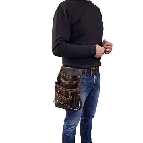 LAUTUS Oil Tanned Leather Tool Pouch Bag | Carpenter, Construction, Framers, Handyman | 10 Pockets, 2 Hammer Holders | 100% Leather Dark Brown