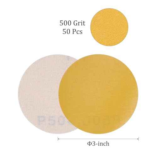 50pcs No Hole Sanding Discs- [ 3 Inch 500 Grit ] Round Hook and Loop Grip Sanding Pads Sheet Sandpaper for Automotive Woodworking Metal Polishing Use| Gold, Aluminum Oxide