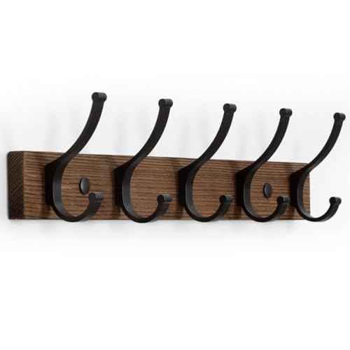 Coat Rack Wall Mount, 16.5 Inches Wood Coat Hooks Wall Mount, Wall Coat Rack with 5 Hooks, Hat Rack Wall Hooks for Hanging Coat, Bag, Towel (1Pack, Brown)