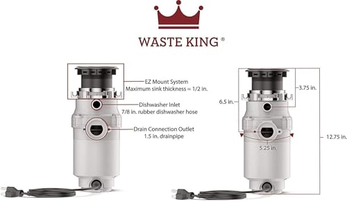Waste King 1/3 HP Continuous Feed Garbage Disposal with Power Cord, Compact Food Waste Disposer
