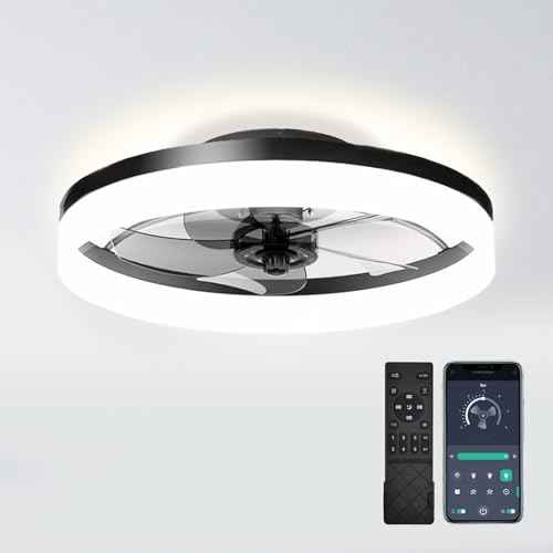 19.7 inch Low Profile Ceiling Fan with Lights and Remote, Fandelier Dimmable Ceiling Fan Flush Mount, 3000K-6500K Bladeless LED Fan Light for Bedroom,Dining Room and Kitchen (Black, 1 Pack)