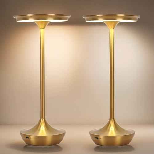 2 Pack LED Rechargeable Cordless Table Lamps,Portable Outdoor 6000 mAh Battery Operated Table Light Touch Control 3 Color Dimmable Waterproof for Patio/Cofee/Restaurant/Camping/Dining/ Bedroom-Gold