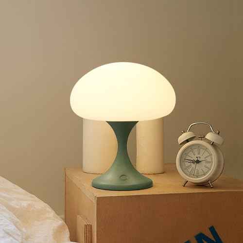 Mushroom Lamp, 5W LED Cordless Rechargeable Table Lamp with Glass Shade, Small Retro Dimmable Touch Light with 3 Color Temps, Aesthetic Mid Century Bedside Light for Bedroom Ambient, Green