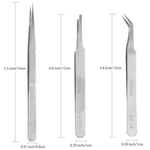 QDiShi Precision Tweezers Set,Upgraded Stainless Steel of Tweezers - Extra Fine,Angled,Blunt Tips for Electronics,Hobby, Industrial,Laboratory Work,Jewelry-Making,Model,Craft£¨3Pcs£©