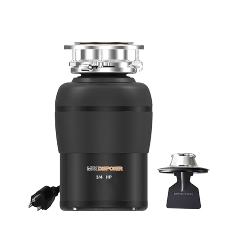 MAX DISPOSER 3/4 HP Quiet Garbage Disposal with Power Cord - Easy Install, Stainless Steel Grind, Continuous Feed