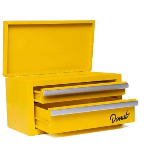 Donut Media Mini Tool Box | Magnetic Catch Drawers; Top Storage; Heavy Duty Powder Coating | Small Metal Stash Box; Desk Organizer; Mechanics Essentials | Compact Tool Kit; 3 Drawer Chest; Yellow