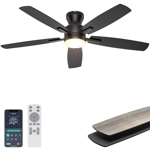 Ohniyou 52'' Low Profile Black Ceiling Fan with Lights, Remote & App Control