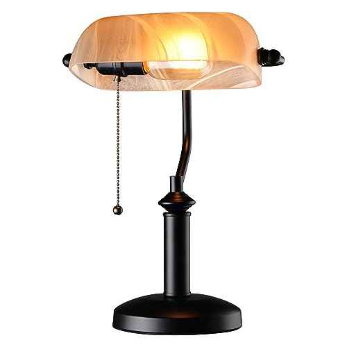 TORCHSTAR Pale Yellow Glass Bankers Desk Lamp, UL Listed, Antique Desk Lamps with Uniquely Textured, Traditional Library Lamp with Pull Chain, E26 Base, Desk Lamp for Office, Study Room