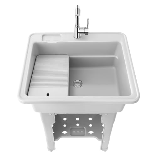 Plastic Freestanding Laundry Sink with Faucet & Washboard - Grey, 25.6x21.65x31.5 inches