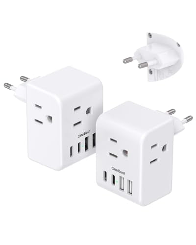 Type C European Travel Plug Adapter 2 Pack with 7-in-1 USB Charging Ports - Compatible with Most European Countries