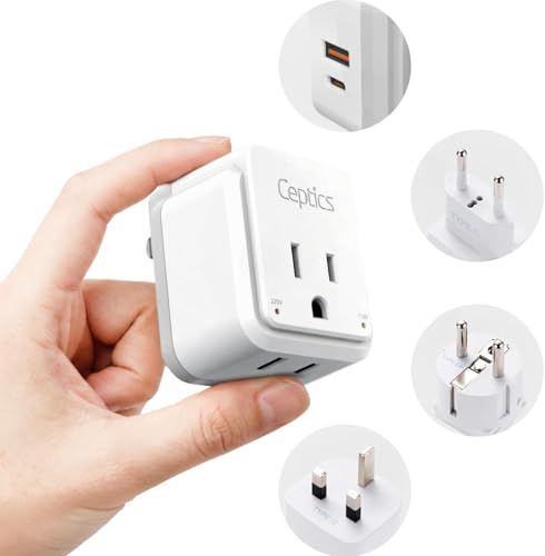 Ceptics White 20W European Travel Plug Adapter with 2 USA Outlets & USB-C/USB-A