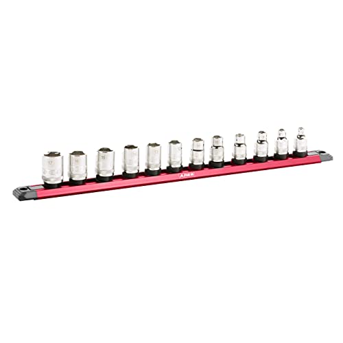 ARES 60169 ? 3/8-Inch Drive 15.5-Inch Red Twist Lock Magnetic Socket Rail - Store up to 12 Metric or SAE Sockets and Keep Your Tool Box Organized ? Magnetic Base for Easy Socket Organization