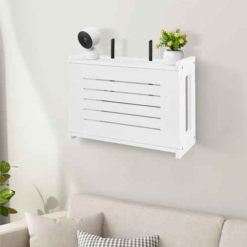 Router Shelf Wall Mount WiFi Router Storage Box Modem Cable Router Cover Organized Power Strip Cable Management Hider Rack by Solid Wood Need Assembly White