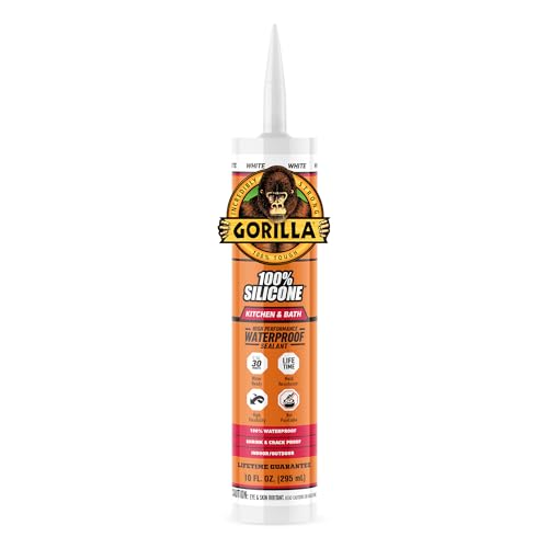 Gorilla 100% Silicone Caulk - White, 10 oz Cartridge, Waterproof Bathroom Sealant