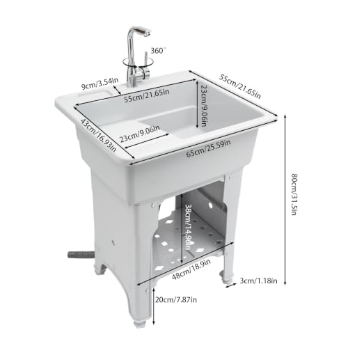 Portable Laundry Sink 21 Inch with Washboard & Hot/Cold Faucet, Heavy Duty 441 lbs Capacity