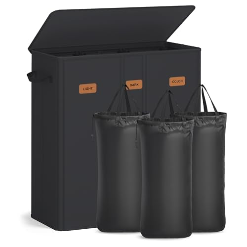 SONGMICS 160L 4-Compartment Laundry Sorter with Lid - 47.6 Gallon Capacity (Black, 180 L variant)