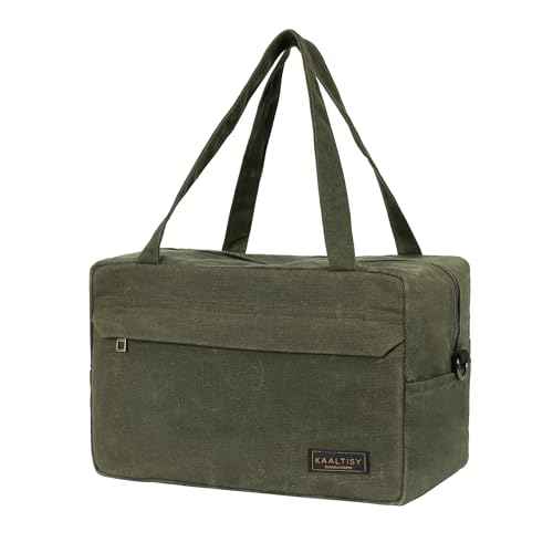 16OZ Waxed Canvas Tool Storage Bag, Heavy Duty Hand Tools Organizer with Hidden Zipper Pocket & 4 Internal Slots & Carrying Handle | Army Green | Multi-Purpose Tool Bag for Mechanic Electrics - S