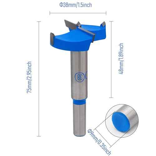 Forstner Drill Bit 1-1/2 Inch / 38mm Tungsten Carbide Wood Hole Saw Auger Opener Round Handle 1.5" Woodworking Hinge Hole Drilling Boring Bit Cutter for Pressed Board Plastic Wood