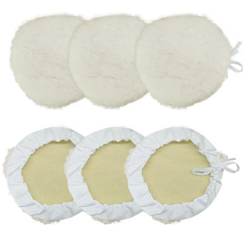 6PCS 7 Inch Car Wool Polishing Pad, Buffing Pad with Drawstring for Car Waxing & Cleaning, Polishing Bonnet for Vehicle, Glass, Furniture, Auto Polisher Pad Kit for Drill Buffer