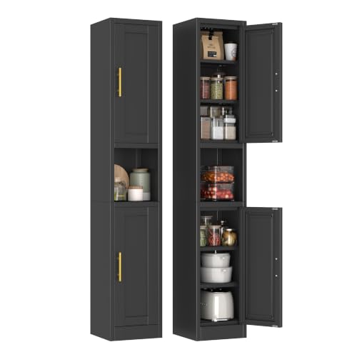 67-Inch Tall Narrow Metal Pantry Cabinet with Adjustable Shelves & Double Doors - Black