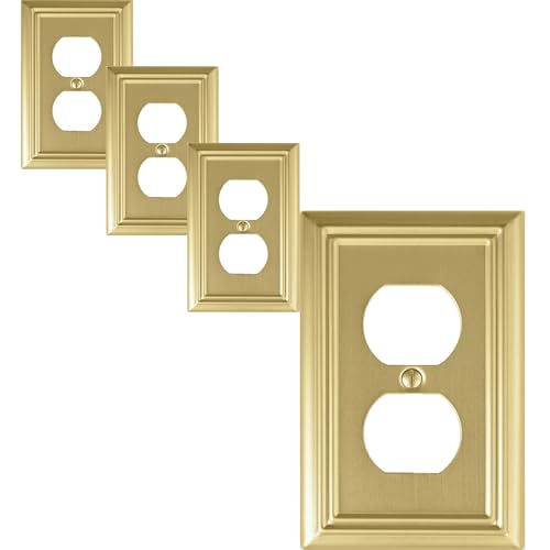 OKAWYC Single Duplex Metal Outlet Switch Cover Brushed Brass 4-Pack - Decorative Wall Plate for Receptacle and Light Switch, Durable & Easy to Install