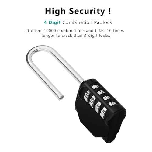 ZHEGE Long Shackle Padlock, 4 Digit Combination Lock, Resettable Combo Lock for School, Gym Employee Locker, Outdoor, Fence (Black)