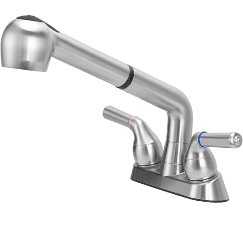 Chrome Finish Utility Sink Faucet with Pull Out Sprayer - Dual Handle, 4-Inch Centerset