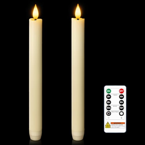 Homemory Ivory Flameless Taper Candles with Remote & Timer 2-Pack, 9.6" LED Flickering Candles for Home Decor