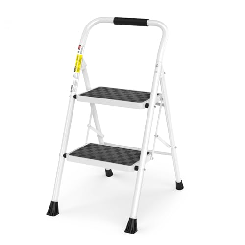 HBTower 2-Step Folding Step Ladder with Wide Anti-Slip Pedal – Support Rod Lock-Free Design