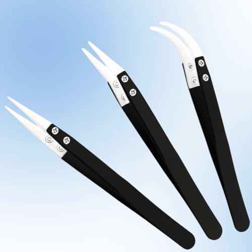 3 Pcs Precision Reverse Ceramic Tweezers Set - Non-Conductive Reverse Anti-Magnetic Solder Tweezers with Pointed & Curved Tips, Heat-Resistant Electronics Tool for Pinching Coils, PCB Repair (Black)