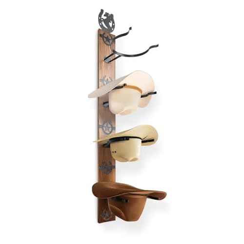 VOYX Cowboy Hat Rack Wall Mount ? Rustic Wooden Board with 4 Western Hooks ? Metal Horseshoe & Star Decor ? Hat Hanger for Entryway, Bedroom, or Ranch ? Includes Screws & Anchors
