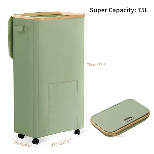Vincona 75L Sage Green Laundry Basket with Wheels and Lid - Tall Rolling Hamper