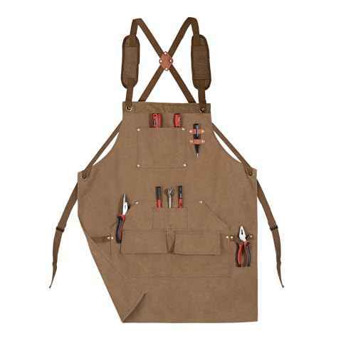 Tosewever Work Aprons for Men with Large Pockets, Canvas Cross Back Heavy Duty Adjustable Tool Aprons for Chef Cooking BBQ