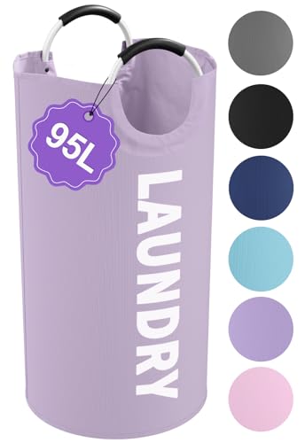 IHOMAGIC 95L Purple Folding Laundry Basket with Handles – Large Laundry Hamper, Portable Dirty Clothes Organizer (L-95L / Purple)