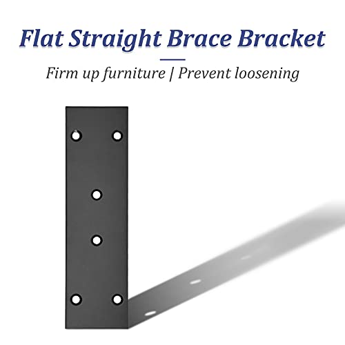 Black Flat Straight Brace Brackets 6.6 x 1.9 Inches, 4 Pack - Stainless Steel Reinforcement Plates