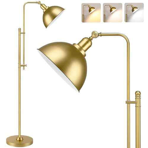 PARTPHONER Industrial Floor Lamp Adjustable, Rustic Farmhouse Reading Lamp in Aged Gold Finish, Modern Standing Lamp with Remote Control Metal Shade for Living Room Bedroom Study Room Office Hotel