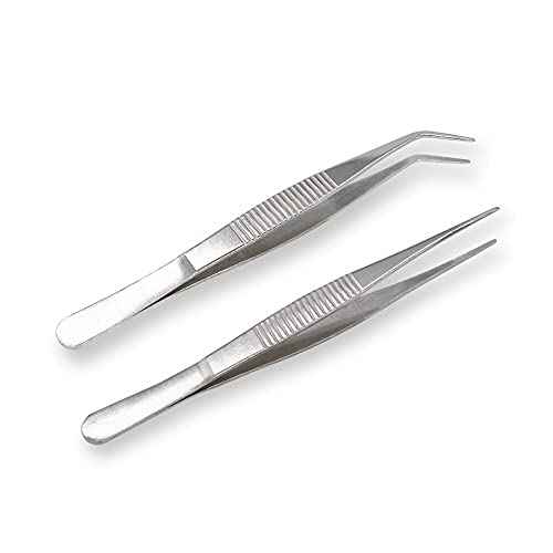 5-1/2 Inch Stainless Steel Tweezers with Straight and Curved Serrated Tip Multipurpose Forceps for Craft Repairing 2 Pack