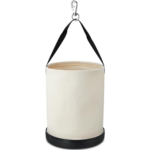 1 Pack Utility Canvas Tool Bucket 15" x 12" All Purpose Canvas Bucket Bag, Truck Tool Organizer with Plastic Bottom Metal Hook for Store Work Accessory, Load Capacity up to 150 Lbs (White)
