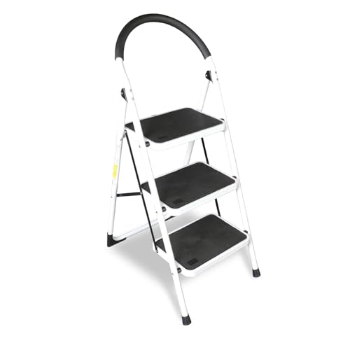 Jack Boss 3-Step Folding Ladder with Anti-Slip Pedals, 27.2 Inch Service Height, 400 lbs Capacity